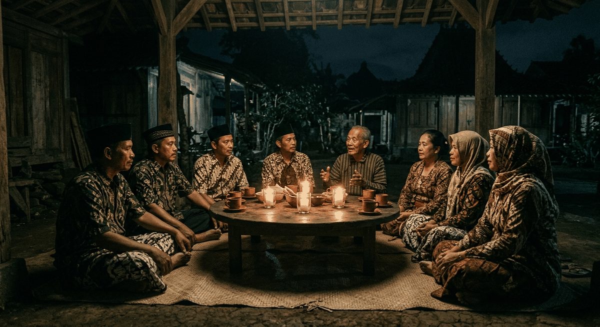 Warga duduk melingkar berdiskusi di sekitar meja bundar dengan cahaya lilin hangat