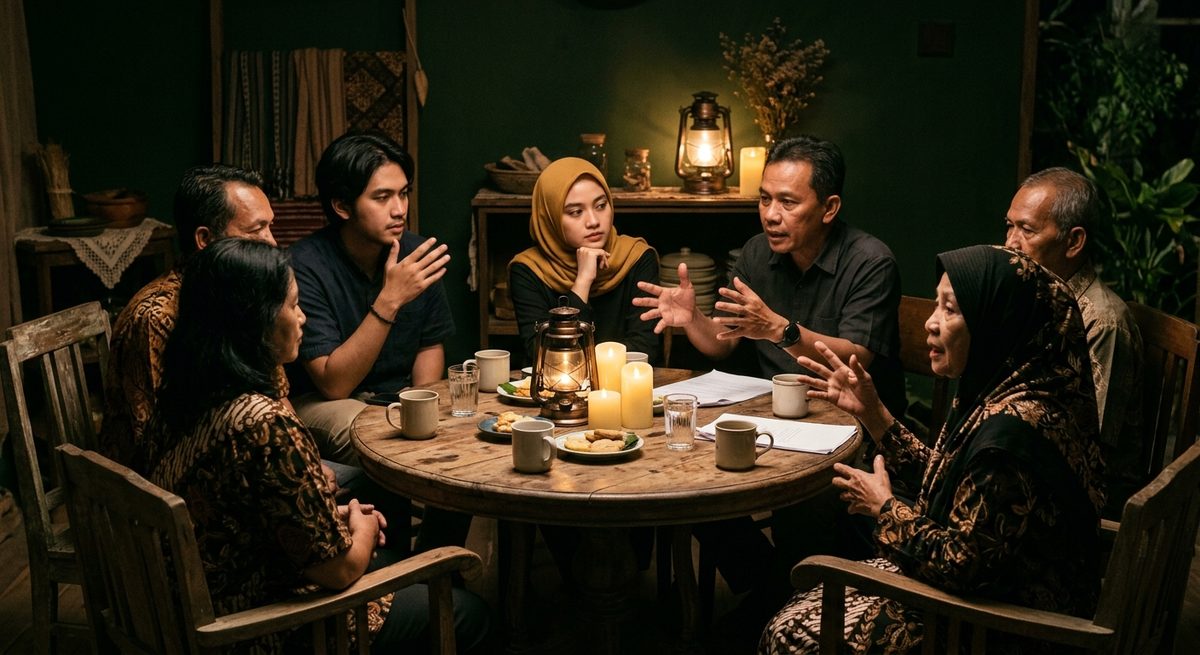 Beberapa orang menimbang pendapat bersama di sekitar meja bundar